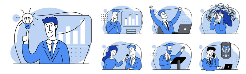 Metaphor Business success abstract concept illustration set. Teamwork marketing illustrations. Collection scenes with men and women taking part in business activities. Modern trendy flat style © Yurii