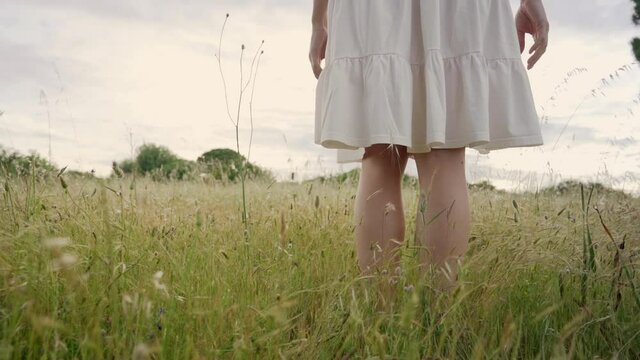 Romantic vintage style selective focus slow motion shot of a dreaming woman wearing a white light dress walking in a yellow grass field at sunset or sunrise. Concept of love summer life and nature