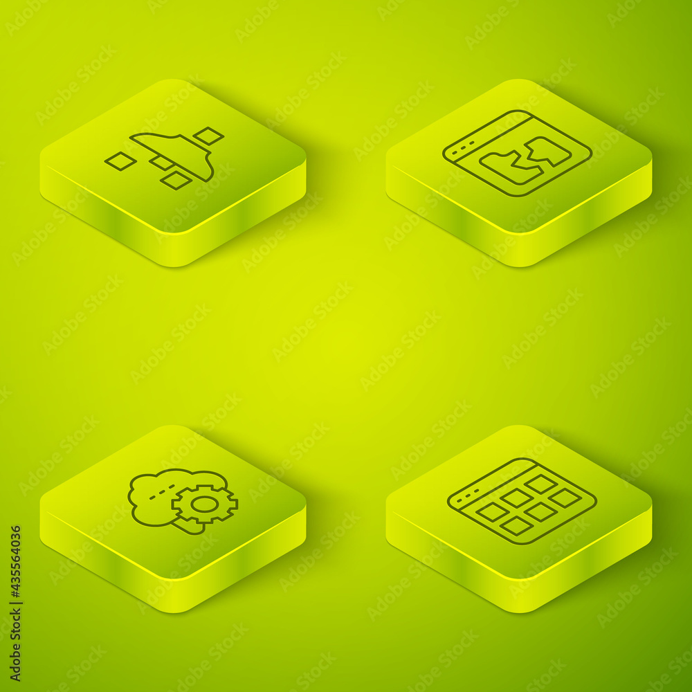 Poster set isometric line broken file, cloud technology data transfer, browser files and filter setting ico