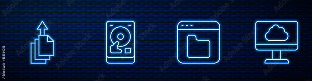 Poster set line browser files, data export, hard disk drive hdd and cloud technology data transfer. glowing