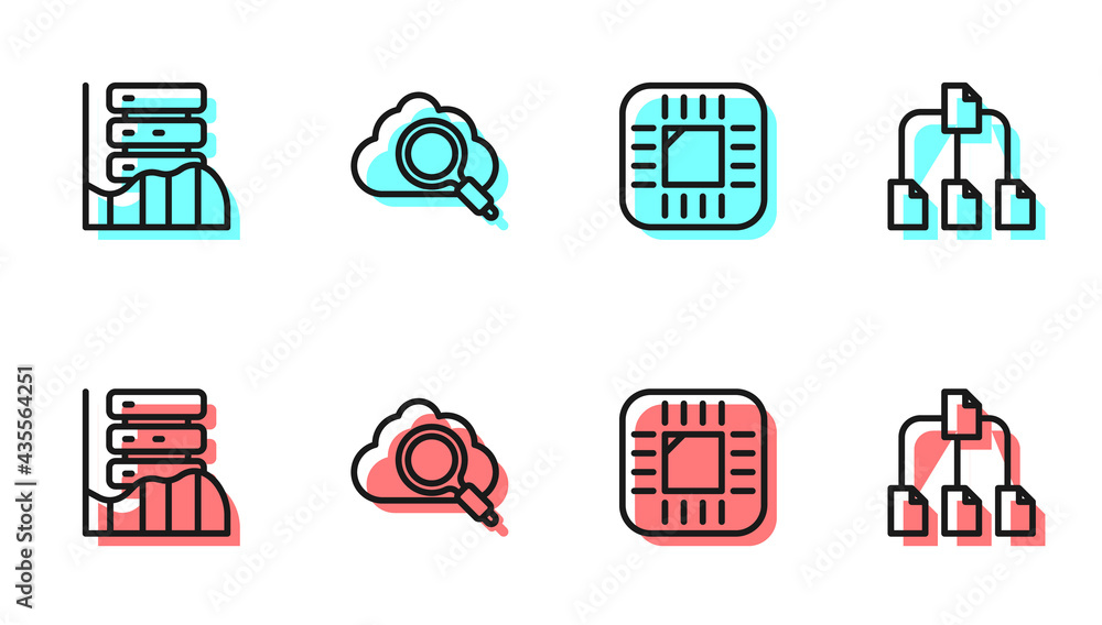 Poster set line processor with cpu, server, data, web hosting, search cloud computing and folder tree icon.