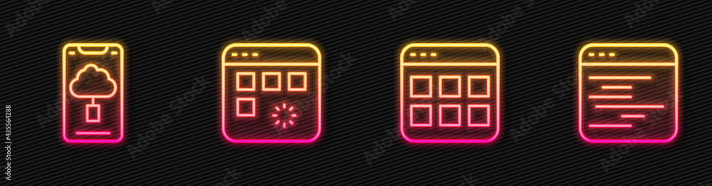 Poster set line browser files, cloud technology data transfer, loading window and software. glowing neon ic