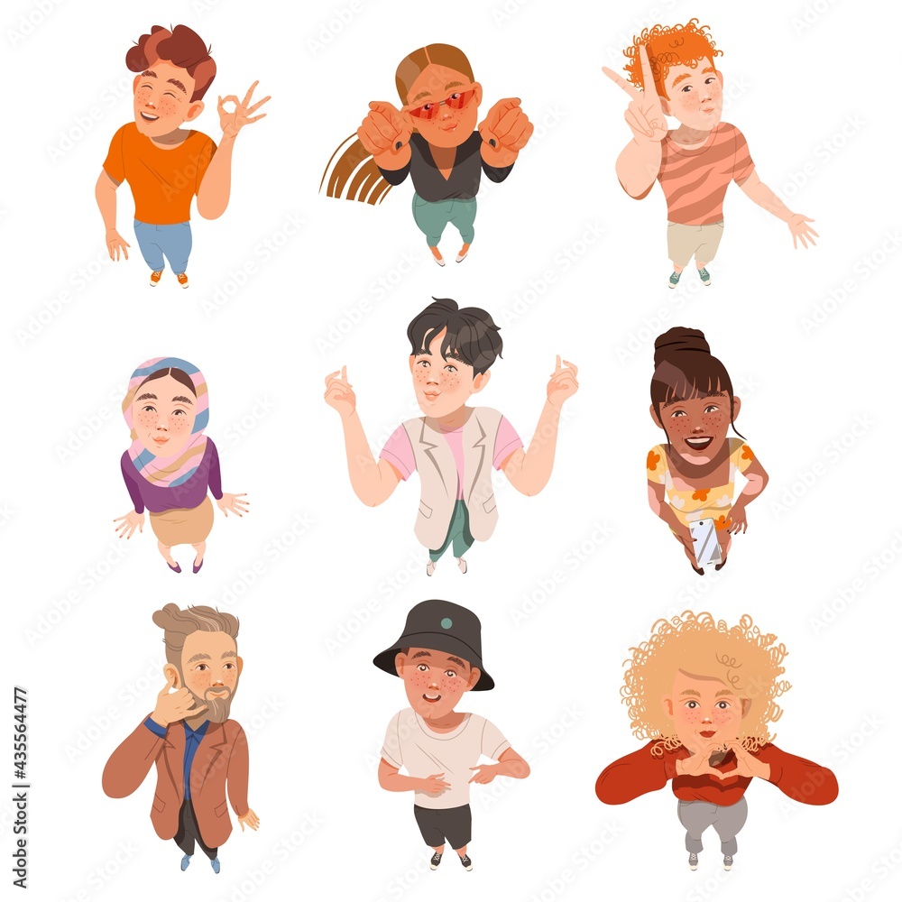 Poster smiling people characters looking up pointing finger and watching something above view vector illust