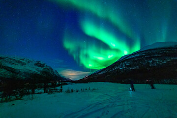 wundervolle Nordlichter in Troms in den Lyngenalps. begeisterndes Lichtspiel am nächtlichen Himmel, jubelnde Menschen. Aurora Borealis bei Tromsö