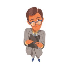 Smiling Freckled Man Wearing Glasses and Holding Clipboard Looking Up Watching at Something Above View Vector Illustration