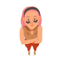 Smiling Freckled Woman with Pink Hair and Eye Patches Looking Up Watching at Something Above View Vector Illustration