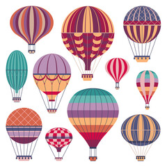 Vintage Striped Air Balloons Icons in Flat