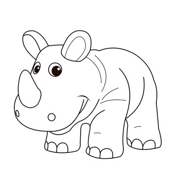 Animals, coloring book for kids. Black and white image, rhinoceros.