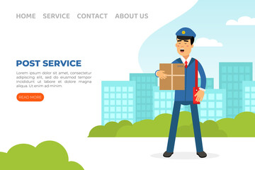 Landing Page with Mail Carrier or Mailman as Employee of Postal Service Delivering Mail and Parcels to Residence Vector Template