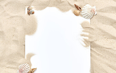 a white sheet of paper in the sand with shells