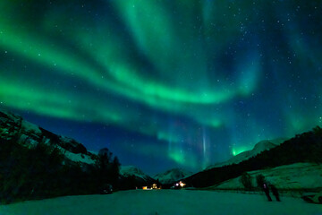 wundervolle Nordlichter in Troms in den Lyngenalps. begeisterndes Lichtspiel am nächtlichen Himmel, jubelnde Menschen. Aurora Borealis bei Tromsö