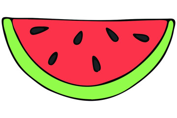 red and green tropical exotic fruit - watermelon semicircle with seeds, vector color doodle element with black outline