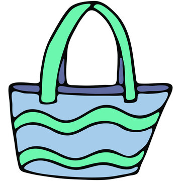 turquoise Blue, beach bag for summer vacation at sea, vector color doodle element with black outline