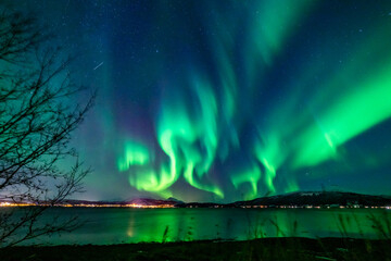 wundervolle Nordlichter in Troms in den Lyngenalps. begeisterndes Lichtspiel am nächtlichen Himmel, tanzende Lady, überwältigende Aurora Borealis bei Tromsö