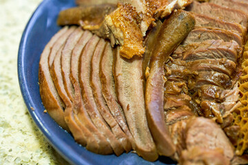 A delicious Chinese dish, a platter of braised vegetables, tripe and beef tongue