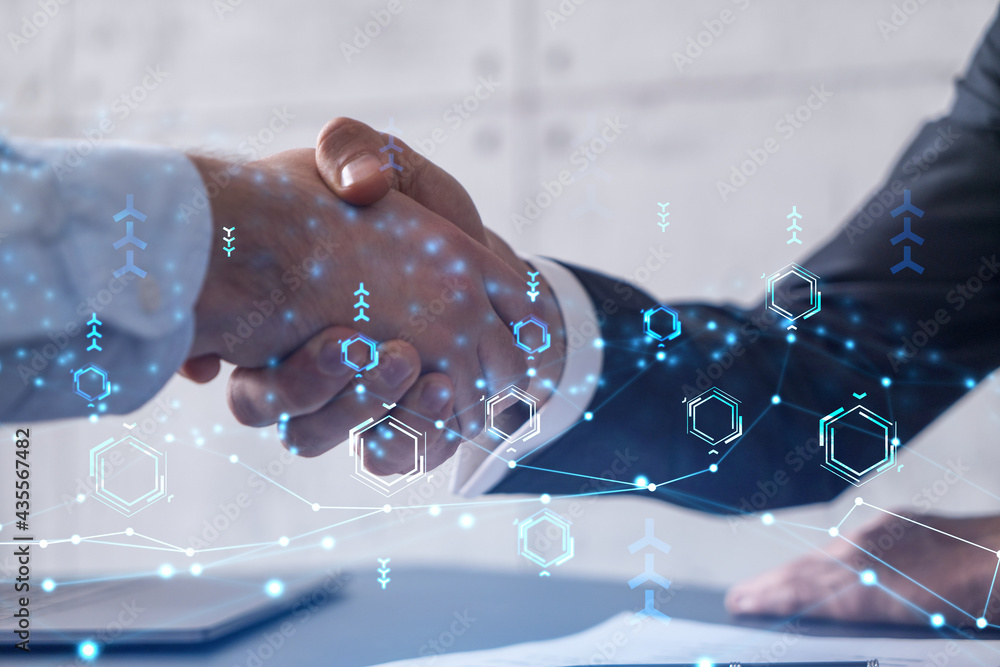 Poster handshake of two businessmen who enters into the contract to develop a new software to improve busin