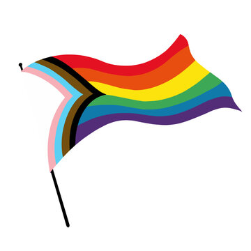 Illustration of a Progress Rainbow Pride flag blowing in the wind.