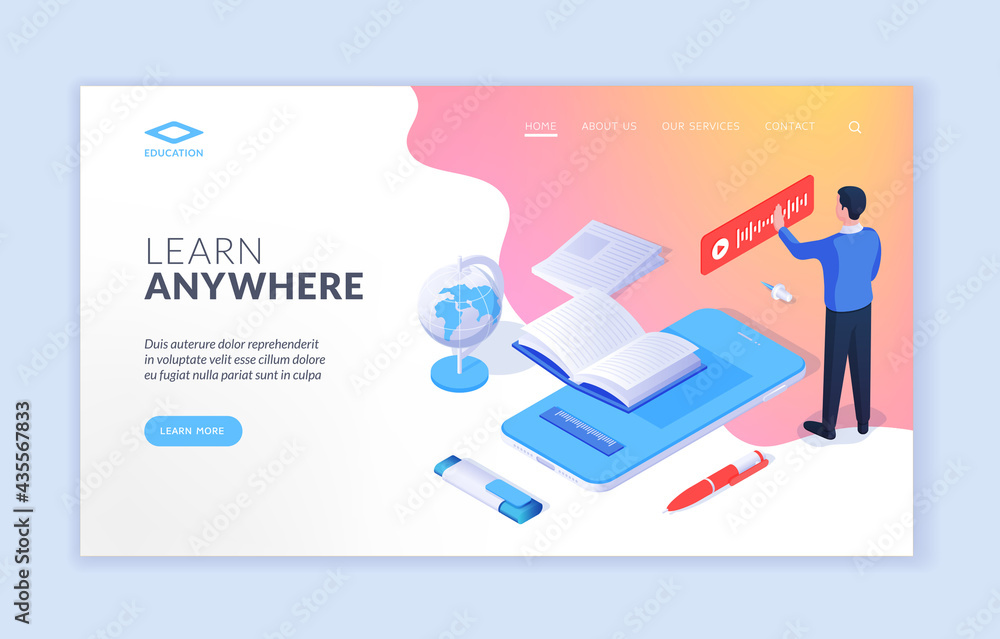 Poster learn anywhere. isometric design of website banner with man using online recording app in promotion 