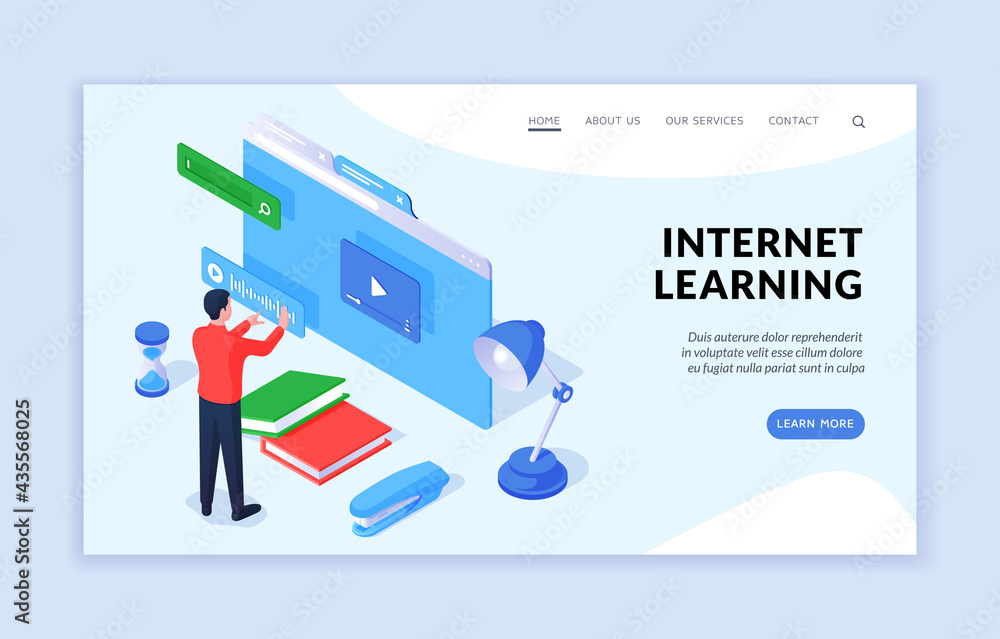 Poster internet learning concept. isometric vector illustration of male student using convenient online app