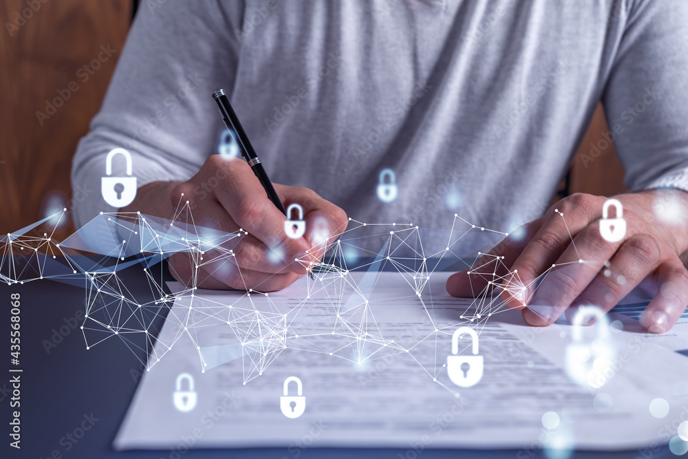 Poster a businessman in casual wear signing the contract to prevent probability of risks in cyber security.