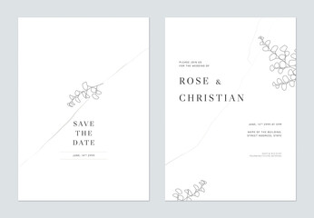 Minimalist foliage wedding invitation card template design, leaves line art ink drawing on white