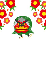 2022年　年賀状デザイン　梅と獅子舞　寅年