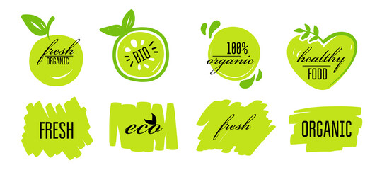Fresh eco healthy bio organic vegan food logo labels and tags. Vector eco green concept logos or signs illustration. Vector logo for vegetarian organic food.