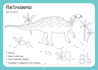 Coloring cards with dinosaurs and alphabet. Dinosaur Fact Cards. Dinosaur Names Corresponding to the English Alphabet. Cute colorful vector illustration. Herbivore set. Dinosaur vegan. Bactrosaurus