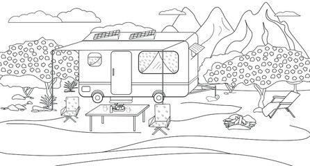 Residential trailer trailer coloring book for family travel. Illustration of a parking lot for a motorhome on the background of a mountain landscape . Suitable for page design, book design, decoration