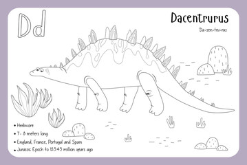 Coloring cards with dinosaurs and alphabet. Dinosaur Fact Cards. Dinosaur Names Corresponding to the English Alphabet. Cute colorful vector illustration. Herbivore set. Dinosaur vegan. Dacentrurus