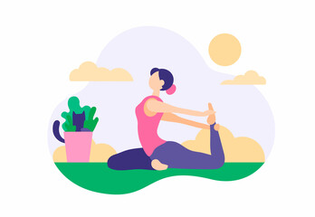 Woman doing exercises at home. Beautiful girl in sports leggings stretches on green carpet with yoga active praxis. Useful morning fitness for toning body. Vector cartoon illustration