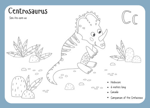 Coloring cards with dinosaurs and alphabet. Dinosaur Fact Cards. Dinosaur Names Corresponding to the English Alphabet. Cute colorful vector illustration. Herbivore set. Dinosaur vegan. Centrosaurus