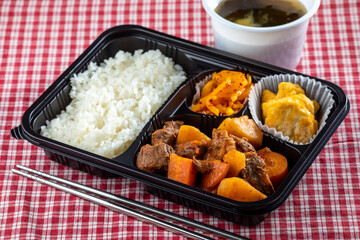 meat stew and rice with seaweed soup
