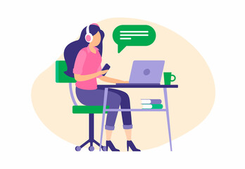 Beautiful female operator consults clients online. Girl sits in headphones laptop and talks subscriber. Professional support service and call center for advertising sales. Vector flat illustration