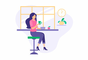 Girl having lunch during break in cozy dining room. Beautiful girl in suit drinks coffee while sitting bar stool. Hot nutrition soup bowl and fresh sweet apple. Cartoon vector illustration