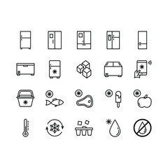 Refrigerator flat line icons set. Freezer, Cold food storage, frige, coolbox. Simple flat vector illustration for store, web site or mobile app. Editable stroke