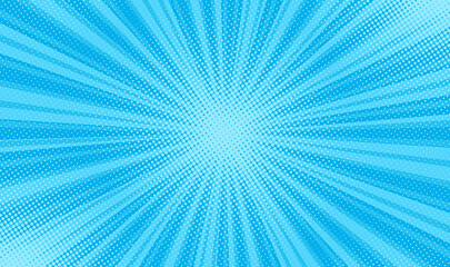 Pop art background. Halftone comic pattern. Cartoon starburst texture. Sunburst banner with beams and dots. Vintage duotone print. Blue superhero backdrop. Gradient wow design. Vector illustration. © Iryna