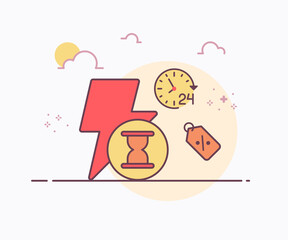 flash discount concept lightning tag price sand glass hour icon with soft color solid line style