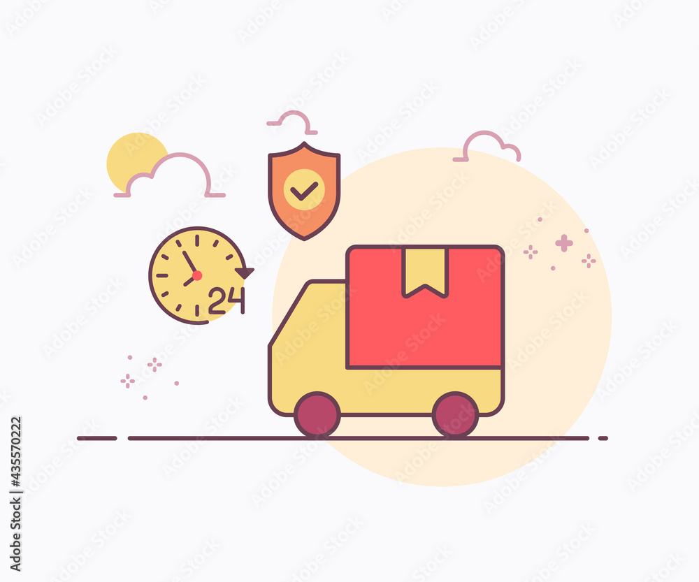 Poster delivery service concept car van around clock shield icon with soft color solid line style
