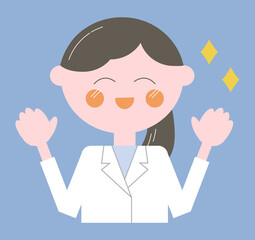 白衣でまとめ髪の女性/表情とポーズ・線なし上半身イラスト）喜ぶ・バンザイ・笑顔
