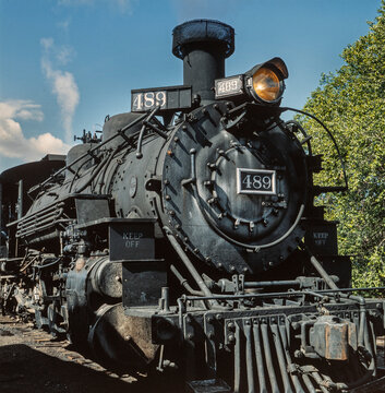 Steam locomotive. Train. On steam. Chama New Mexico USA. Rio Arriba County. Cumbres and Toltec Scenic Railroad