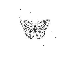 Hand drawn vector abstract stock flat graphic illustration with logo element,bohemian magic art of butterfly line art in simple style for branding,isolated on white background.Feminine logo concept.