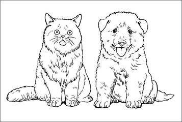 Friends puppy and kitten. Cute dogs puppies. Coloring template. Vector illustration.