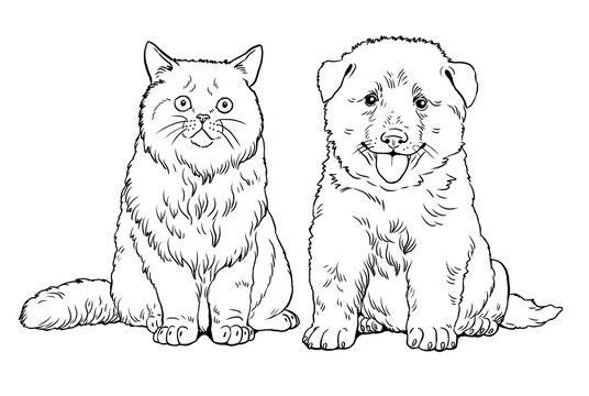 Friends puppy and kitten. Cute dogs puppies. Coloring template. Digital illustration.	