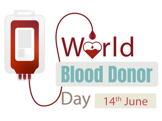World Blood Donor Day with blood bag dripping over a heart giving it life