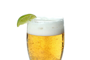 Glass of beer with lime isolated on white background