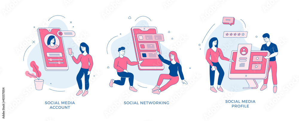Poster creation profile and communication social networks set. people make online account with avatar and d