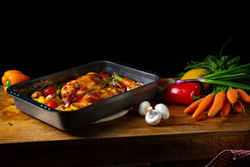 fried chicken legs with various vegetables