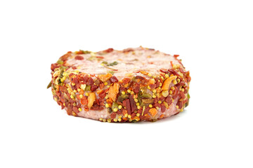 Raw meat patty with spices, pork cutlet isolated on white