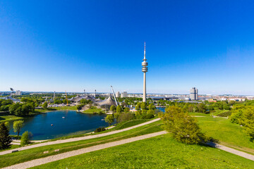 Obraz premium Panoramic of Olympic park in Munich town, Germany.